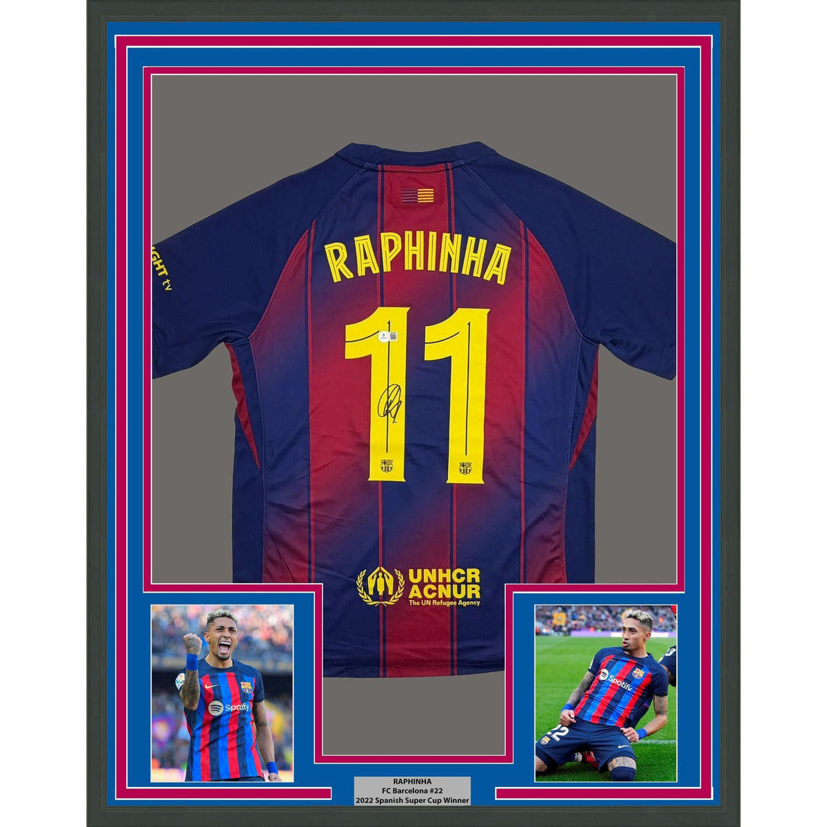 Framed Autographed/Signed Raphinha Raphael Belloli 35x39 FC Barcelona Blue #11 Soccer Jersey Beckett BAS COA