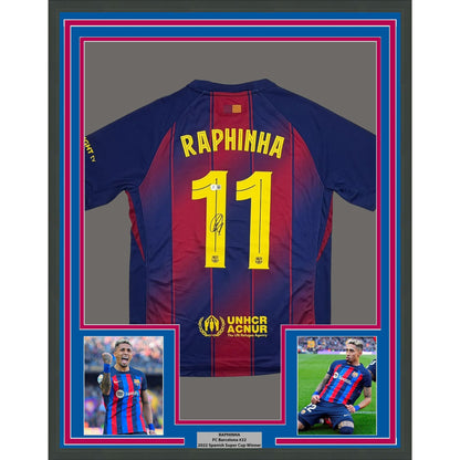 Framed Autographed/Signed Raphinha Raphael Belloli 35x39 FC Barcelona Blue #11 Soccer Jersey Beckett BAS COA
