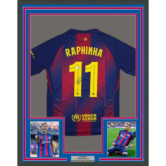 Framed Autographed/Signed Raphinha Raphael Belloli 35x39 FC Barcelona Blue #11 Soccer Jersey Beckett BAS COA