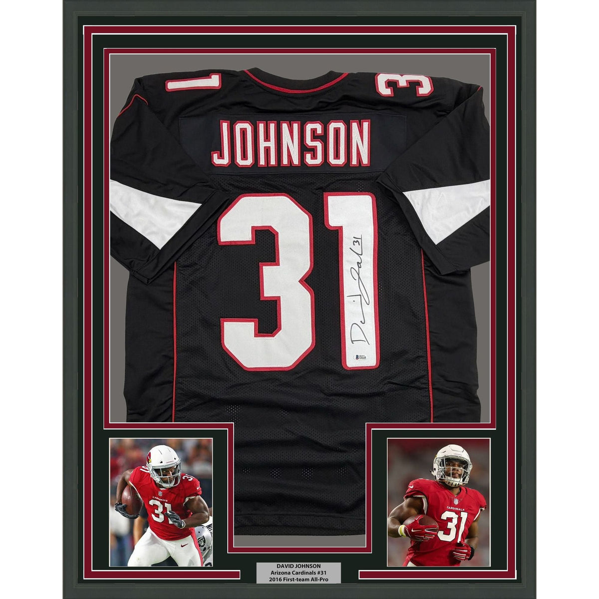 Framed Autographed/Signed David Johnson 35x39 Arizona Black Football Jersey Beckett BAS COA