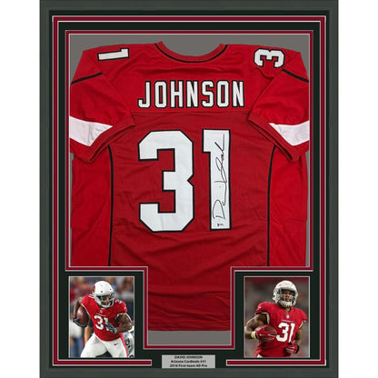 Framed Autographed/Signed David Johnson 35x39 Arizona Red Football Jersey Beckett BAS COA