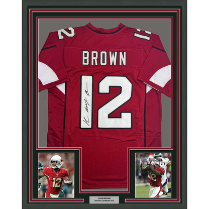 Framed Autographed/Signed John Brown 35x39 Arizona Red Football Jersey JSA COA