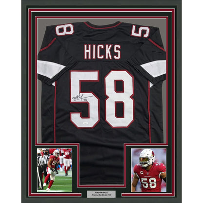 Framed Autographed/Signed Jordan Hicks 35x39 Arizona Black Football Jersey JSA COA