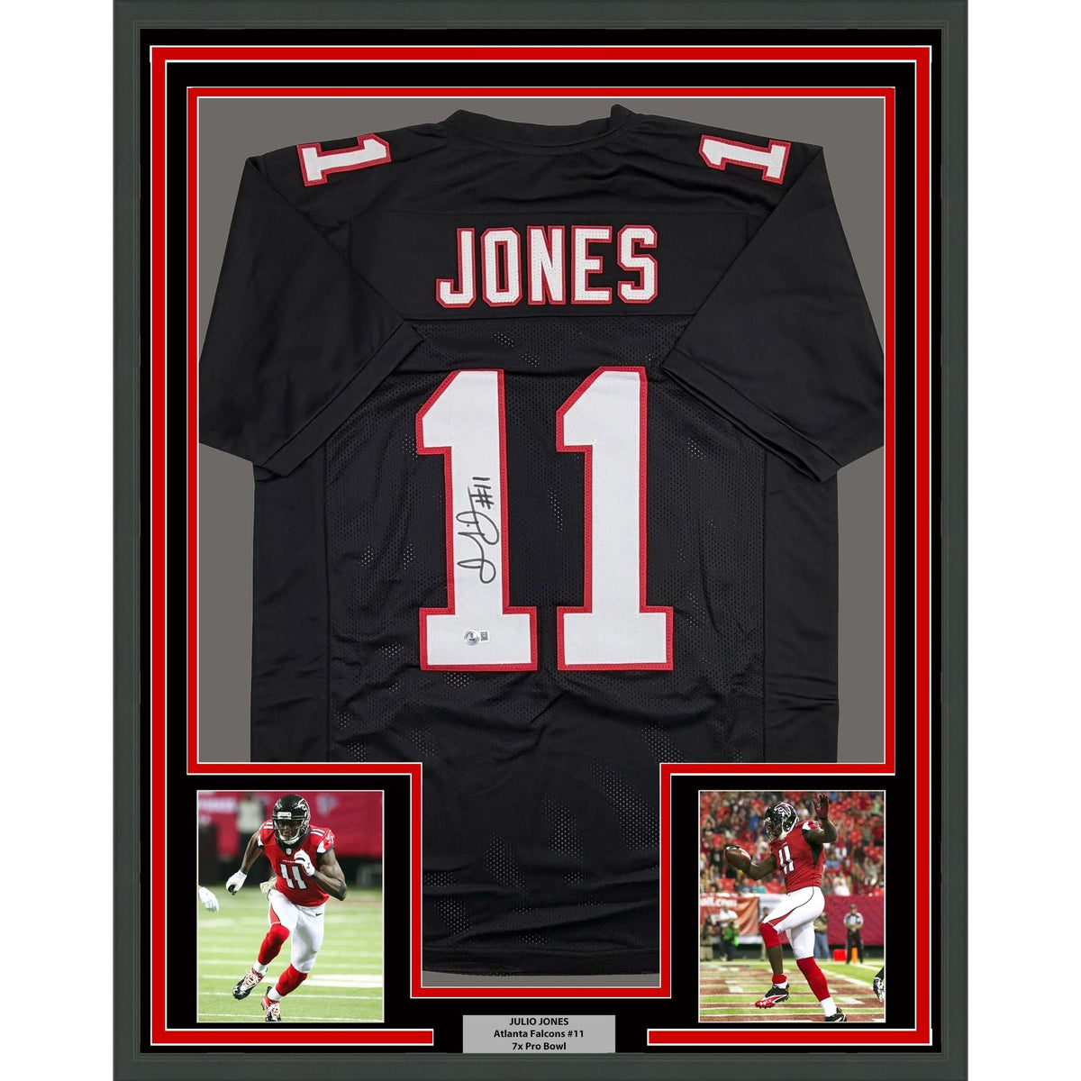 Framed Autographed/Signed Julio Jones 35x39 Atlanta Black Retro Football Jersey Beckett BAS COA