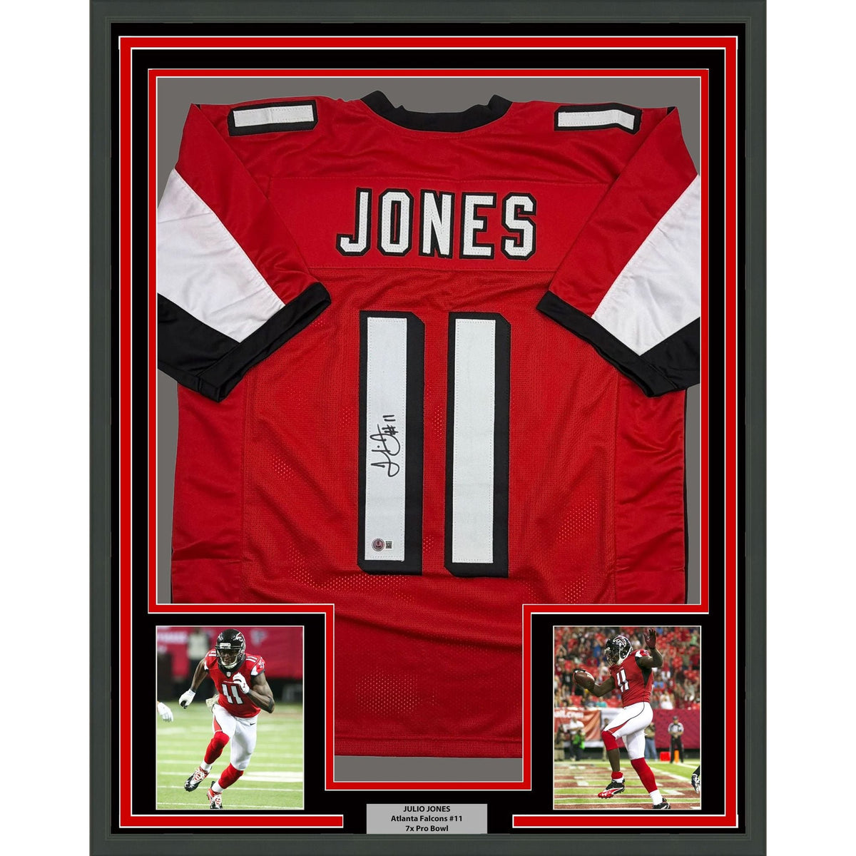 Framed Autographed/Signed Julio Jones 35x39 Atlanta Red Football Jersey Beckett BAS COA