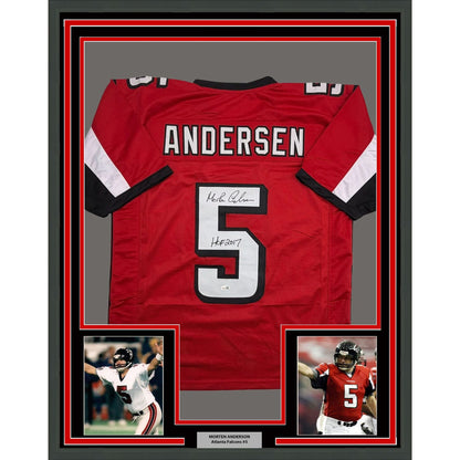 Framed Autographed/Signed Morten Andersen 35x39 Atlanta Red Football Jersey JSA COA