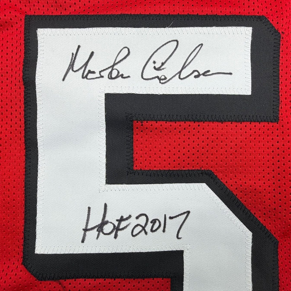 Framed Autographed/Signed Morten Andersen 35x39 Atlanta Red Football Jersey JSA COA