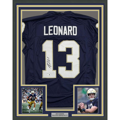 Framed Autographed/Signed Riley Leonard 35x39 Notre Dame Blue Pro Cut College Football Jersey JSA COA