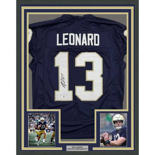 Framed Autographed/Signed Riley Leonard 35x39 Notre Dame Blue Pro Cut College Football Jersey JSA COA