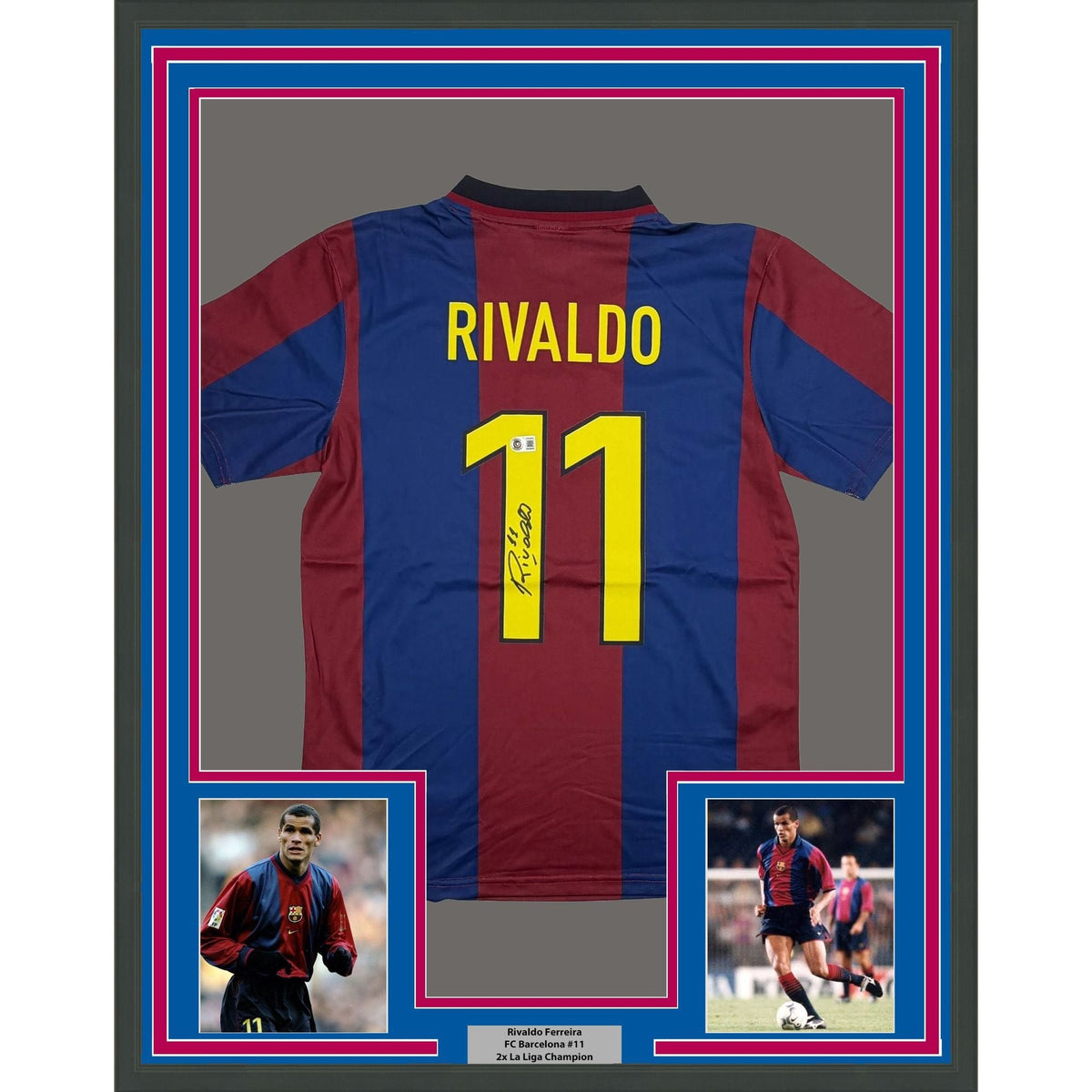 Framed Autographed/Signed Rivaldo Ferreira 35x39 FC Barcelona Maroon Soccer Jersey Beckett BAS COA