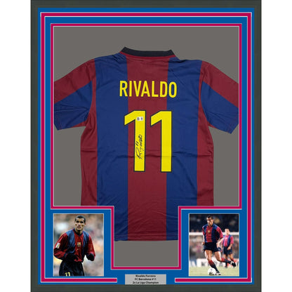 Framed Autographed/Signed Rivaldo Ferreira 35x39 FC Barcelona Maroon Soccer Jersey Beckett BAS COA