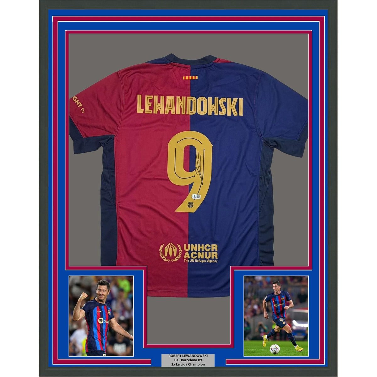 Framed Autographed/Signed Robert Lewandowski 35x39 FC Barcelona Blue/Red Soccer Futbol Jersey Beckett BAS COA