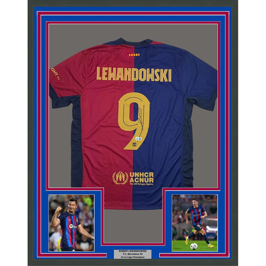 Framed Autographed/Signed Robert Lewandowski 35x39 FC Barcelona Blue/Red Soccer Futbol Jersey Beckett BAS COA
