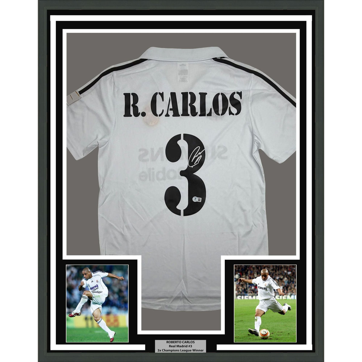 Framed Autographed/Signed Roberto Carlos 35x39 Real Madrid White/Black Soccer Jersey Beckett BAS COA