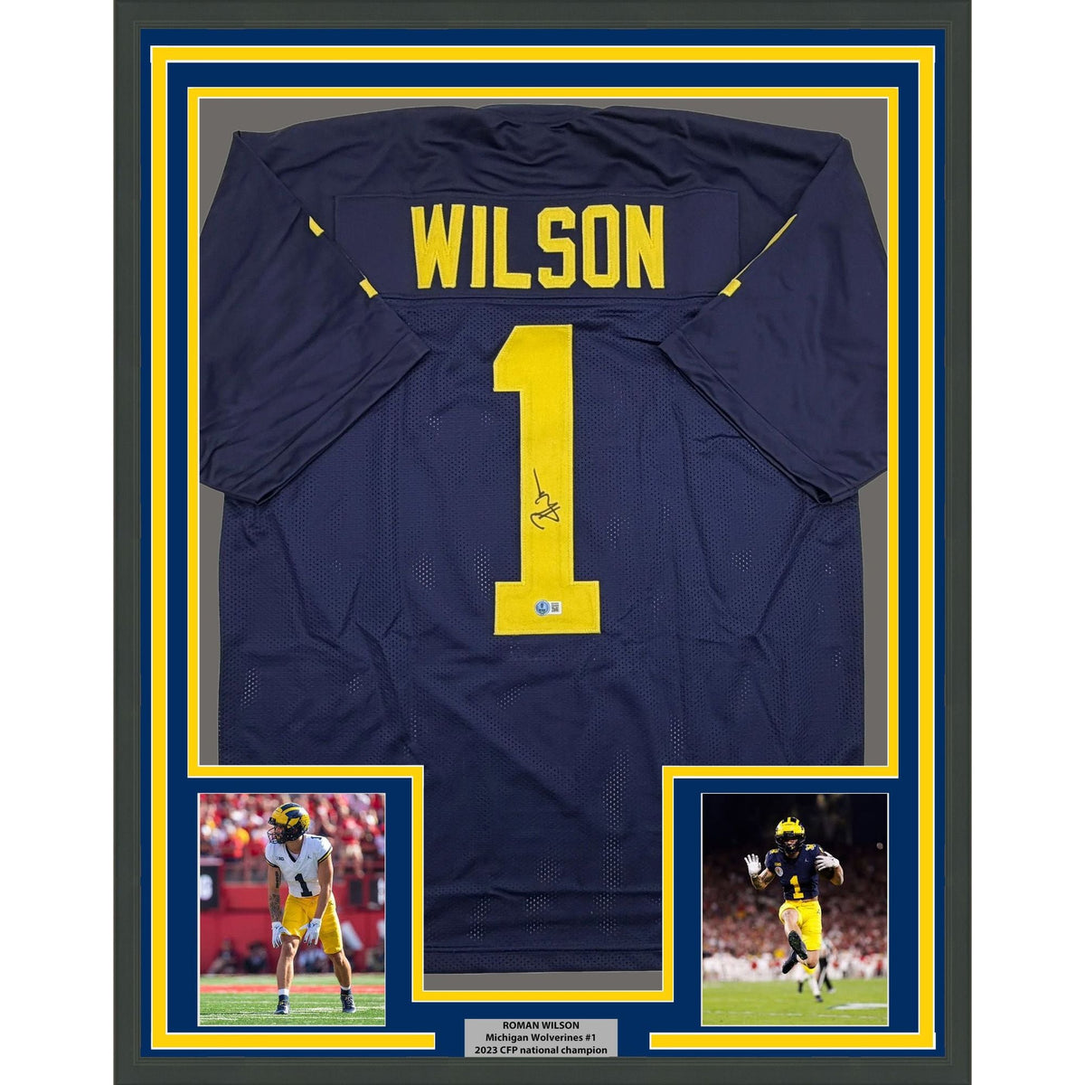 Framed Autographed/Signed Roman Wilson 35x39 Michigan Blue College Football Jersey Beckett BAS COA