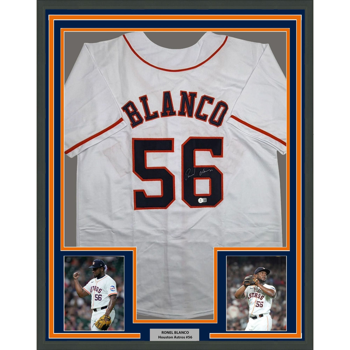 Framed Autographed/Signed Ronel Blanco 35x39 Houston White Baseball Jersey Beckett BAS COA