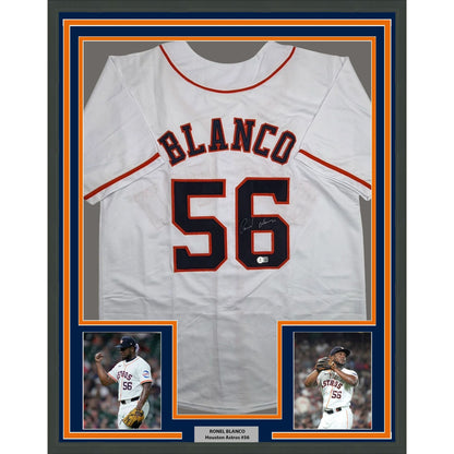 Framed Autographed/Signed Ronel Blanco 35x39 Houston White Baseball Jersey Beckett BAS COA