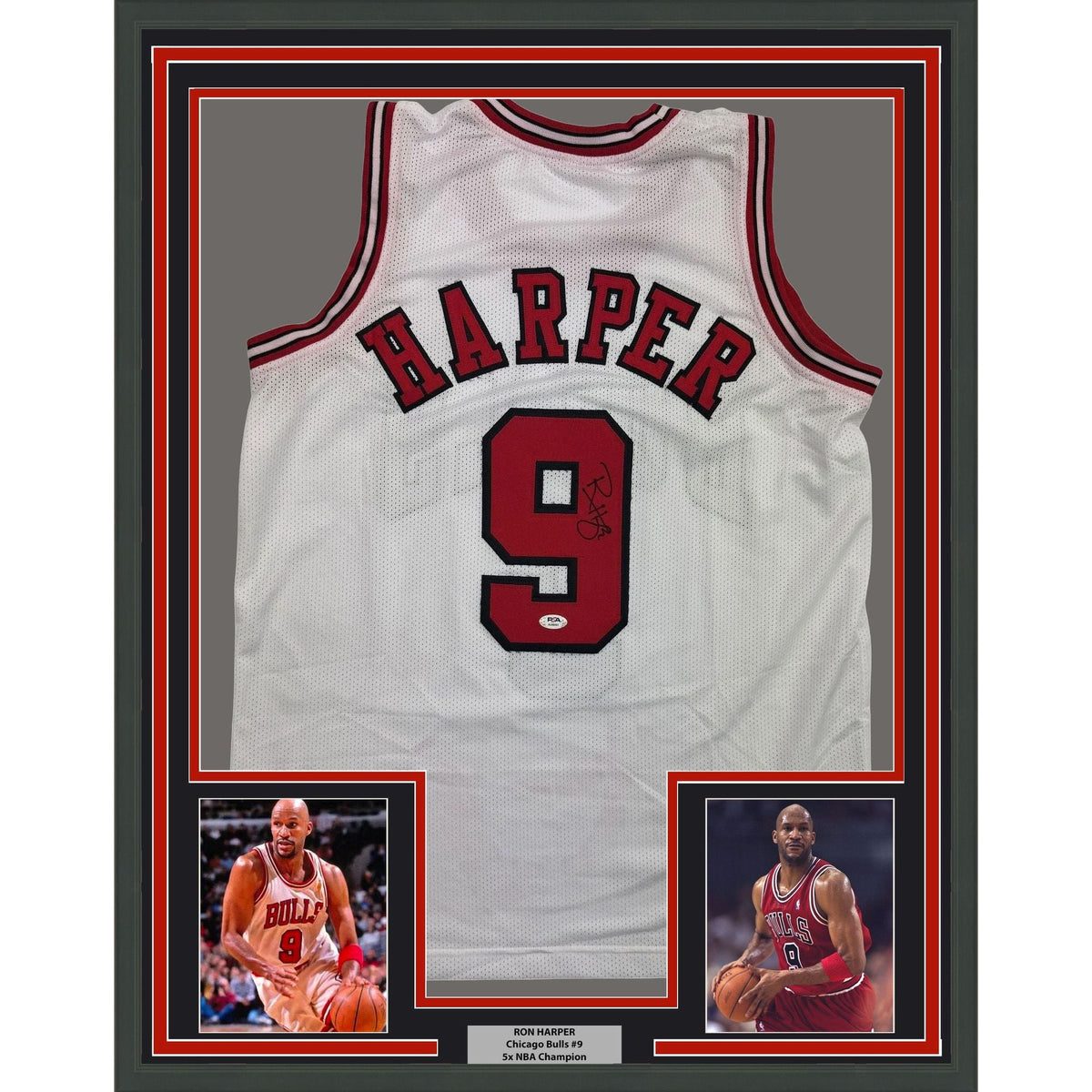 Framed Autographed/Signed Ron Harper 35x39 Chicago White Basketball Jersey PSA/DNA COA