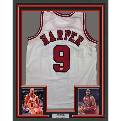 Framed Autographed/Signed Ron Harper 35x39 Chicago White Basketball Jersey PSA/DNA COA