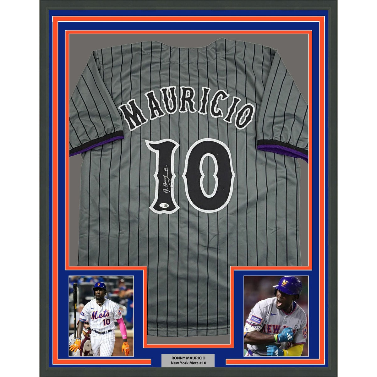 Framed Autographed/Signed Ronny Mauricio 35x39 New York Grey Pinstripe City Connect Baseball Jersey Beckett BAS COA