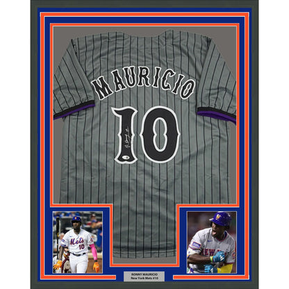 Framed Autographed/Signed Ronny Mauricio 35x39 New York Grey Pinstripe City Connect Baseball Jersey Beckett BAS COA