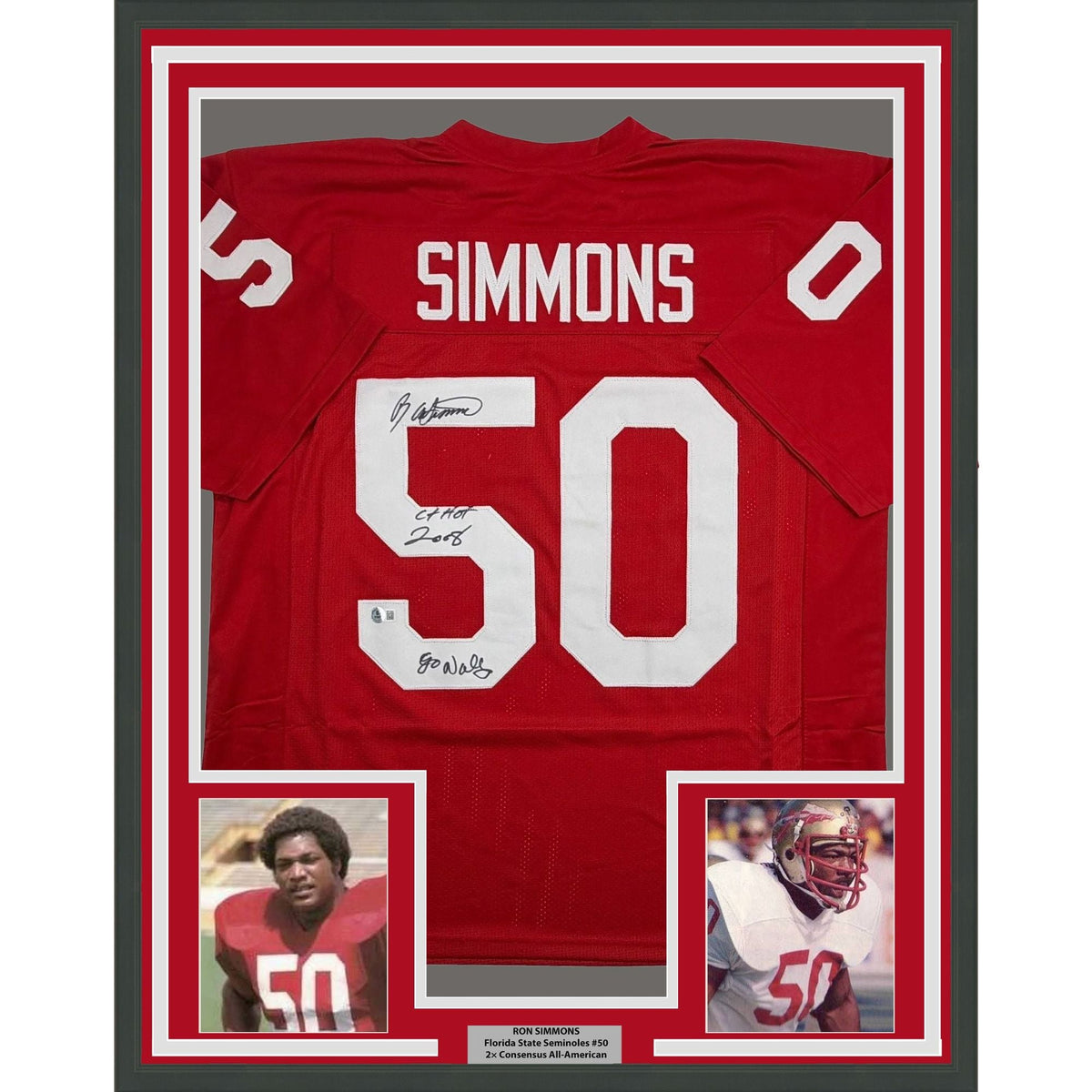 Framed Autographed/Signed Ron Simmons 35x39 Florida State FSU Red College Football Jersey Beckett BAS COA