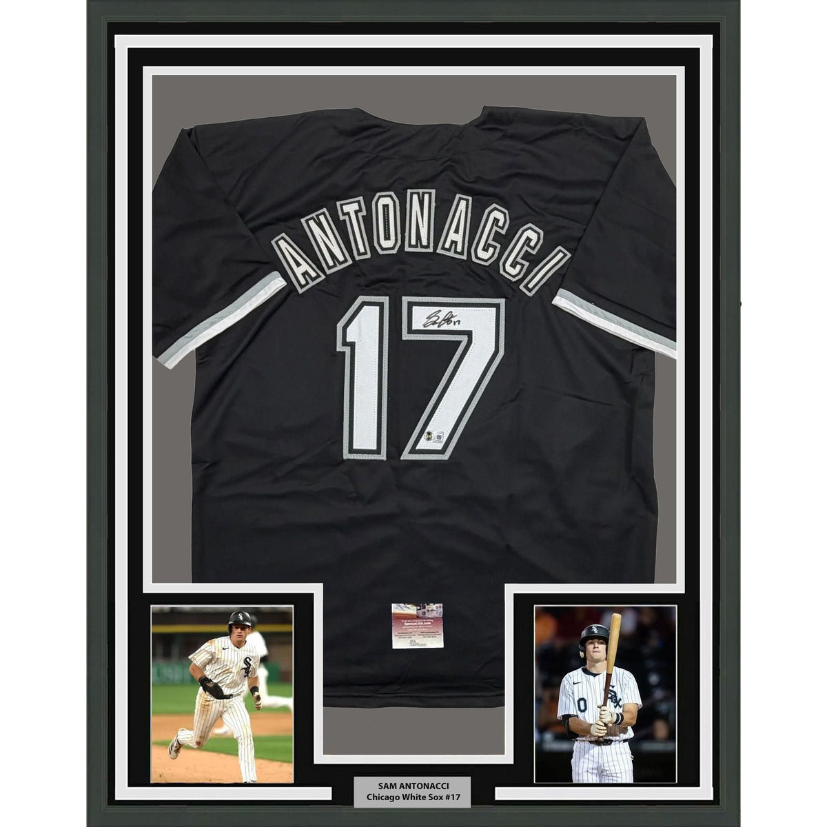 Framed Autographed/Signed Sam Antonacci 35x39 Chicago Black Baseball Jersey Beckett BAS COA
