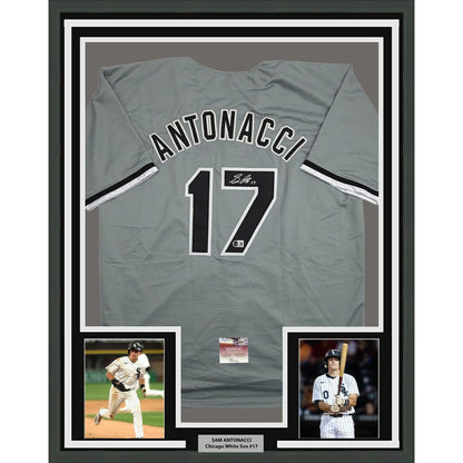Framed Autographed/Signed Sam Antonacci 35x39 Chicago Grey Baseball Jersey Beckett BAS COA