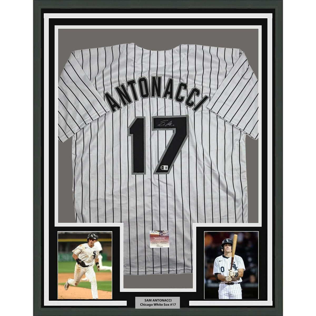 Framed Autographed/Signed Sam Antonacci 35x39 Chicago Pinstripe Baseball Jersey Beckett BAS COA