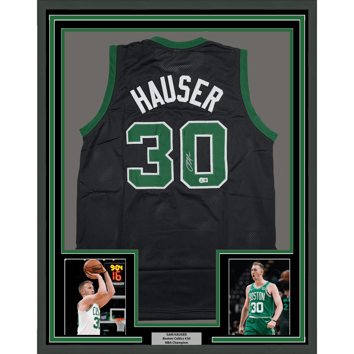 Framed Autographed/Signed Sam Hauser 35x39 Boston Black Basketball Jersey Beckett BAS COA