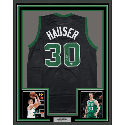 Framed Autographed/Signed Sam Hauser 35x39 Boston Black Basketball Jersey Beckett BAS COA