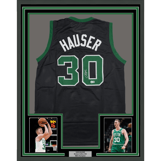 Framed Autographed/Signed Sam Hauser 35x39 Boston Black Basketball Jersey Beckett BAS COA