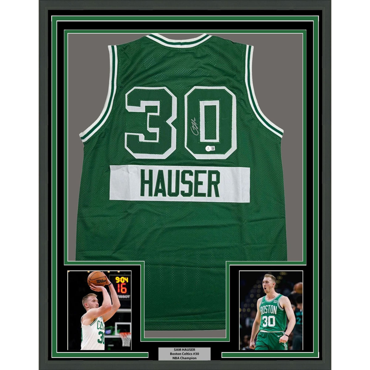 Framed Autographed/Signed Sam Hauser 35x39 Boston Green City Edition Basketball Jersey Beckett BAS COA