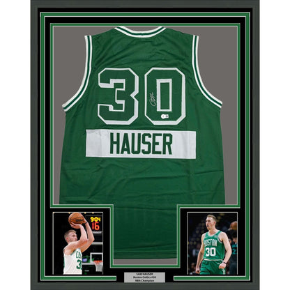 Framed Autographed/Signed Sam Hauser 35x39 Boston Green City Edition Basketball Jersey Beckett BAS COA