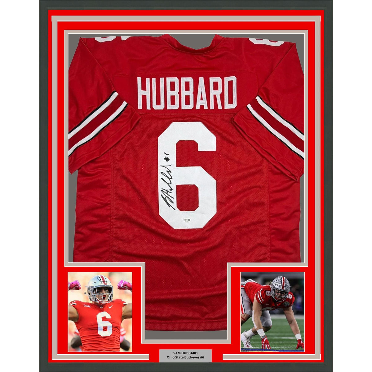 Framed Autographed/Signed Sam Hubbard 35x39 Ohio State Red College Football Jersey JSA COA
