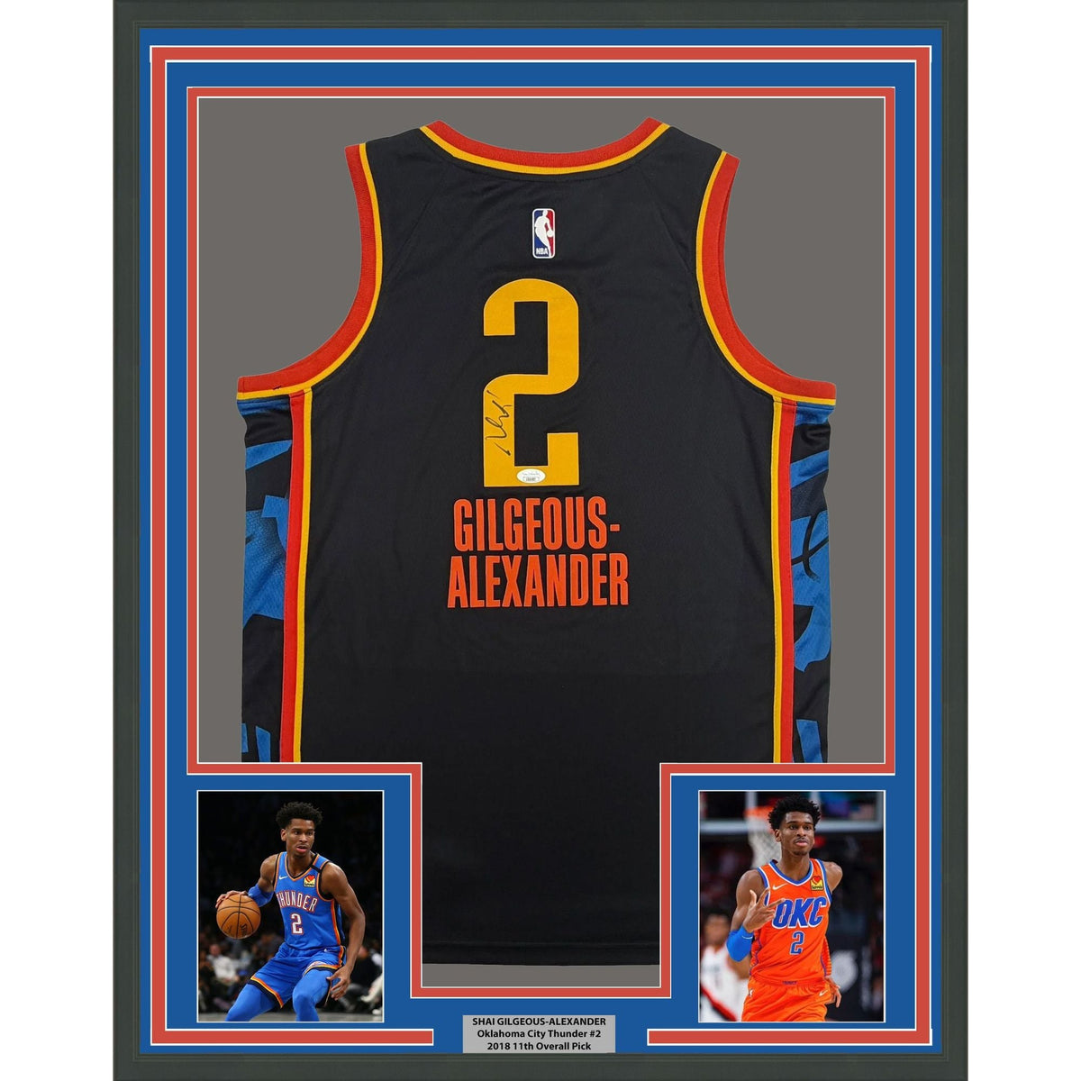 Framed Autographed/Signed Shai Gilgeous-Alexander SGA 35x39 Oklahoma City OKC Thunder Black City Edition Authentic Basketball Jersey JSA COA