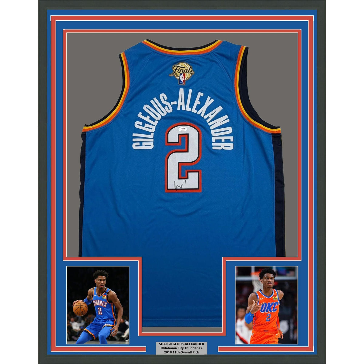 Framed Autographed/Signed Shai Gilgeous-Alexander SGA 35x39 NBA Finals Oklahoma City OKC Thunder Blue Authentic Basketball Jersey PSA/DNA COA