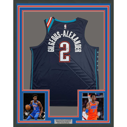 Framed Autographed/Signed Shai Gilgeous-Alexander SGA 35x39 Oklahoma City OKC Thunder Navy Blue City Edition Authentic Basketball Jersey PSA/DNA COA