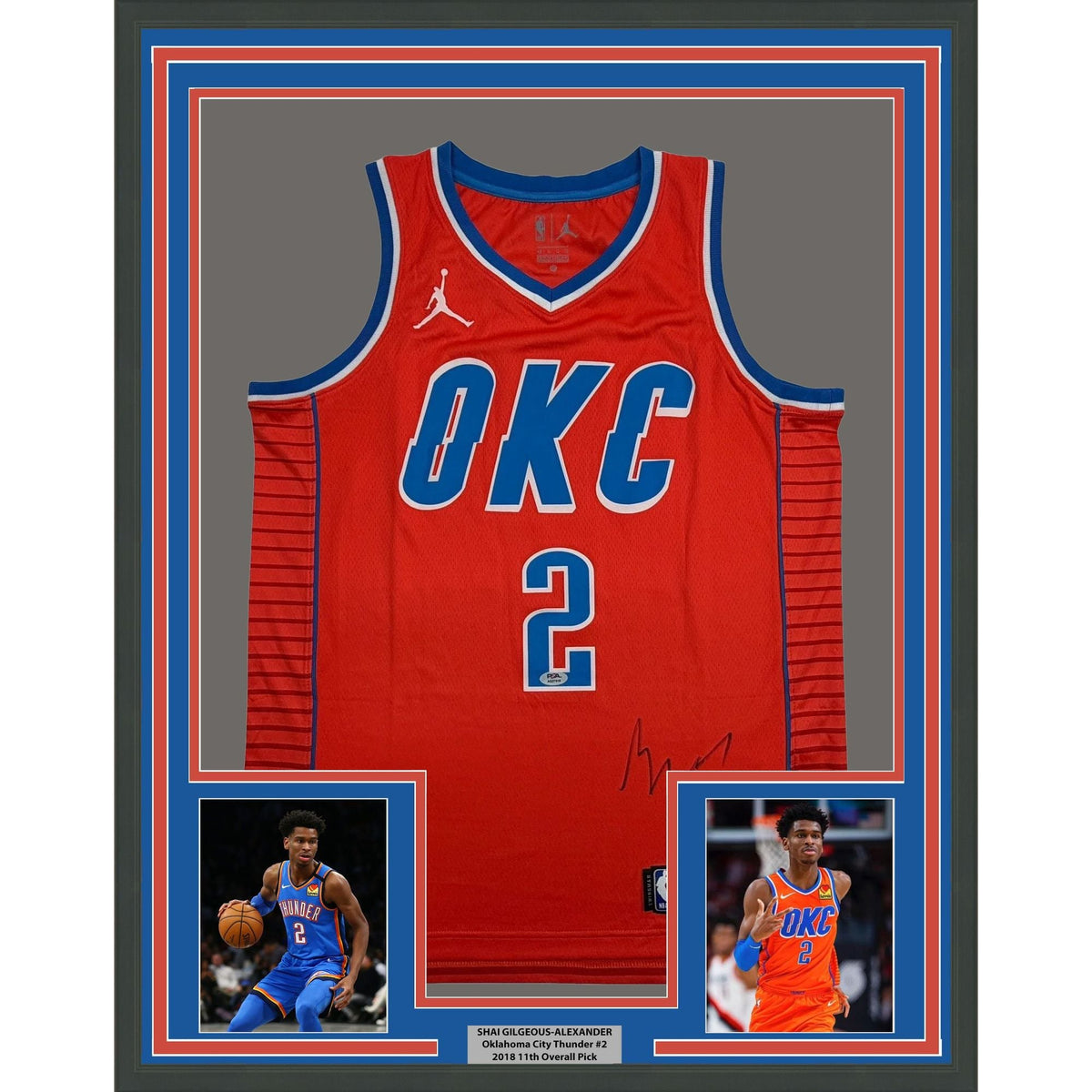 Framed Autographed/Signed Shai Gilgeous-Alexander on Front SGA 35x39 Oklahoma City OKC Thunder Orange Authentic Basketball Jersey PSA/DNA COA