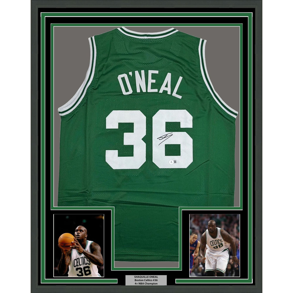 Framed Autographed/Signed Shaquille Shaq O'Neal 35x39 Boston Green Basketball Jersey Beckett BAS COA