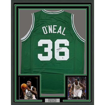 Framed Autographed/Signed Shaquille Shaq O'Neal 35x39 Boston Green Basketball Jersey Beckett BAS COA