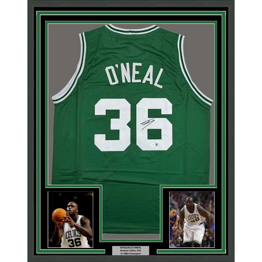 Framed Autographed/Signed Shaquille Shaq O'Neal 35x39 Boston Green Basketball Jersey Beckett BAS COA