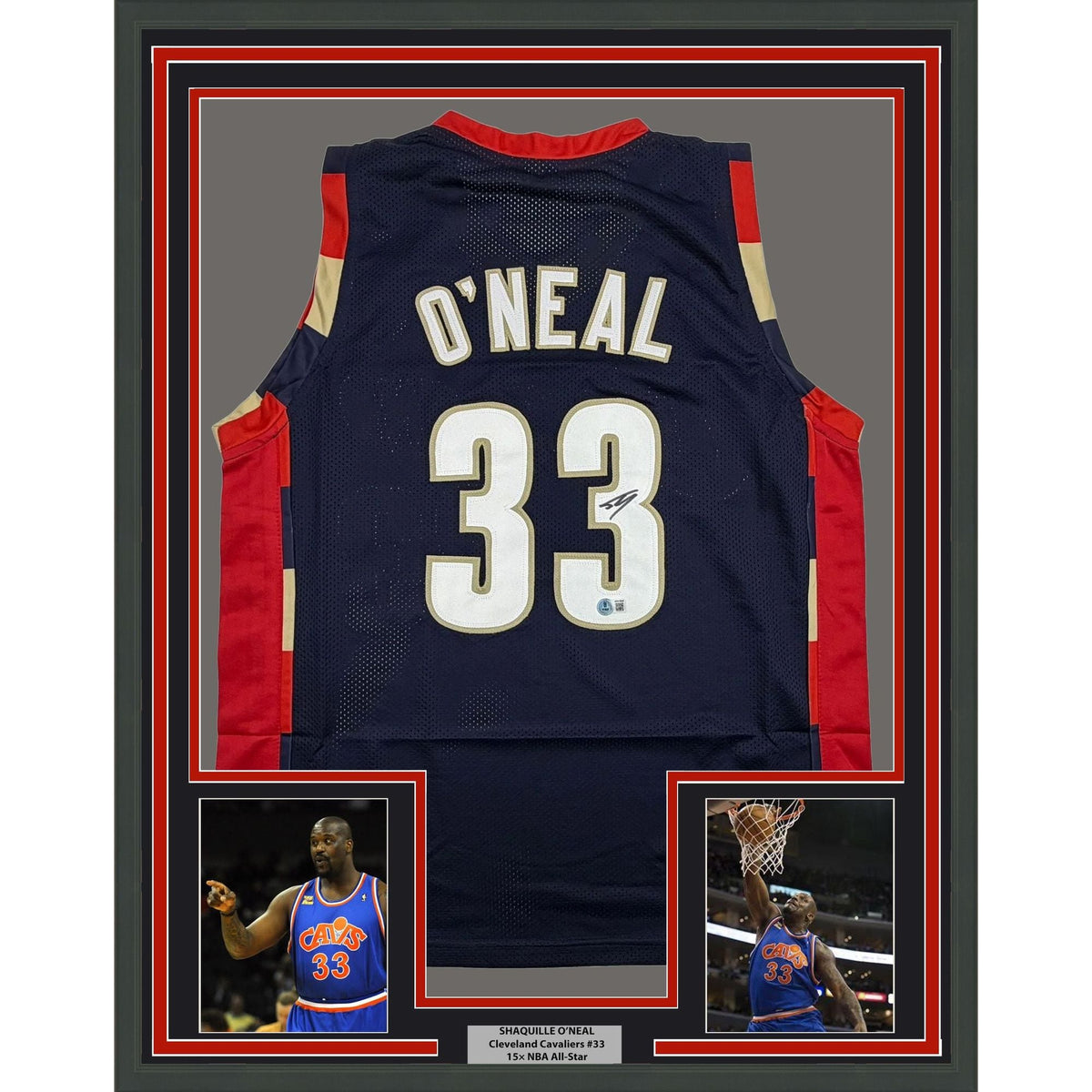 Framed Autographed/Signed Shaquille Shaq O'Neal 35x39 Cleveland Blue Basketball Jersey Beckett BAS COA