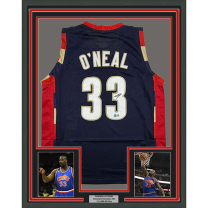 Framed Autographed/Signed Shaquille Shaq O'Neal 35x39 Cleveland Blue Basketball Jersey Beckett BAS COA