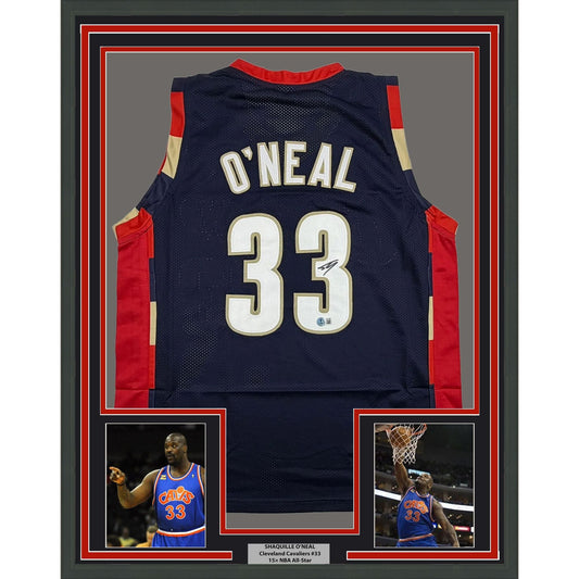 Framed Autographed/Signed Shaquille Shaq O'Neal 35x39 Cleveland Blue Basketball Jersey Beckett BAS COA