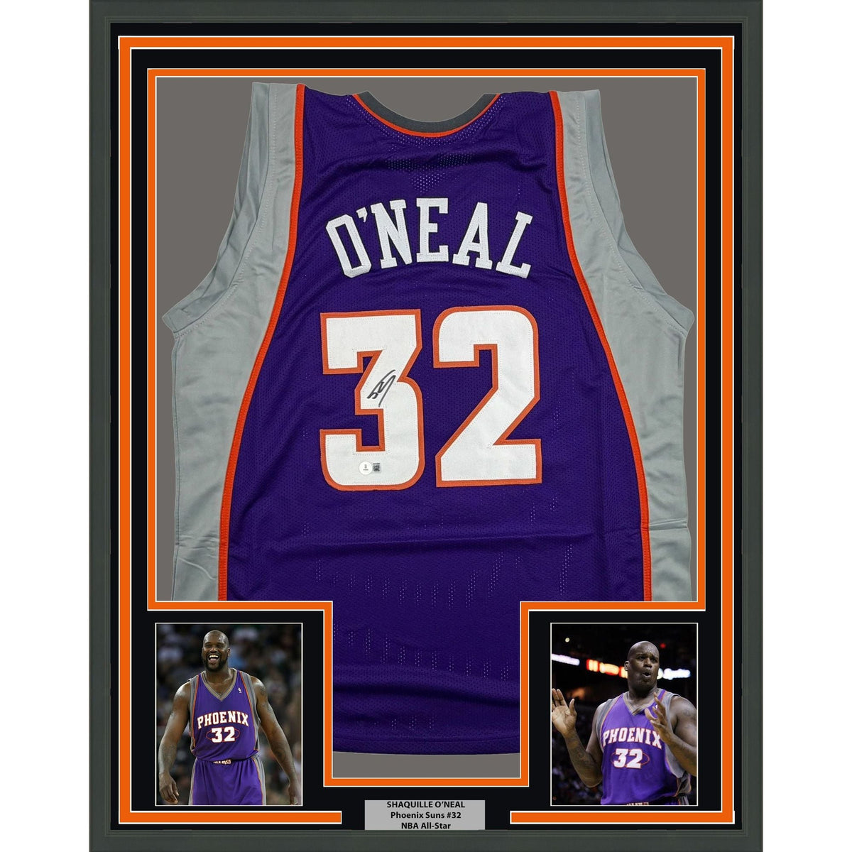 Framed Autographed/Signed Shaquille Shaq O'Neal 35x39 Phoenix Purple Basketball Jersey Beckett BAS COA