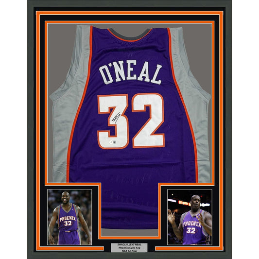 Framed Autographed/Signed Shaquille Shaq O'Neal 35x39 Phoenix Purple Basketball Jersey Beckett BAS COA