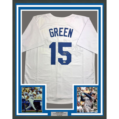 Framed Autographed/Signed Shawn Green 35x39 Los Angeles White Baseball Jersey JSA COA