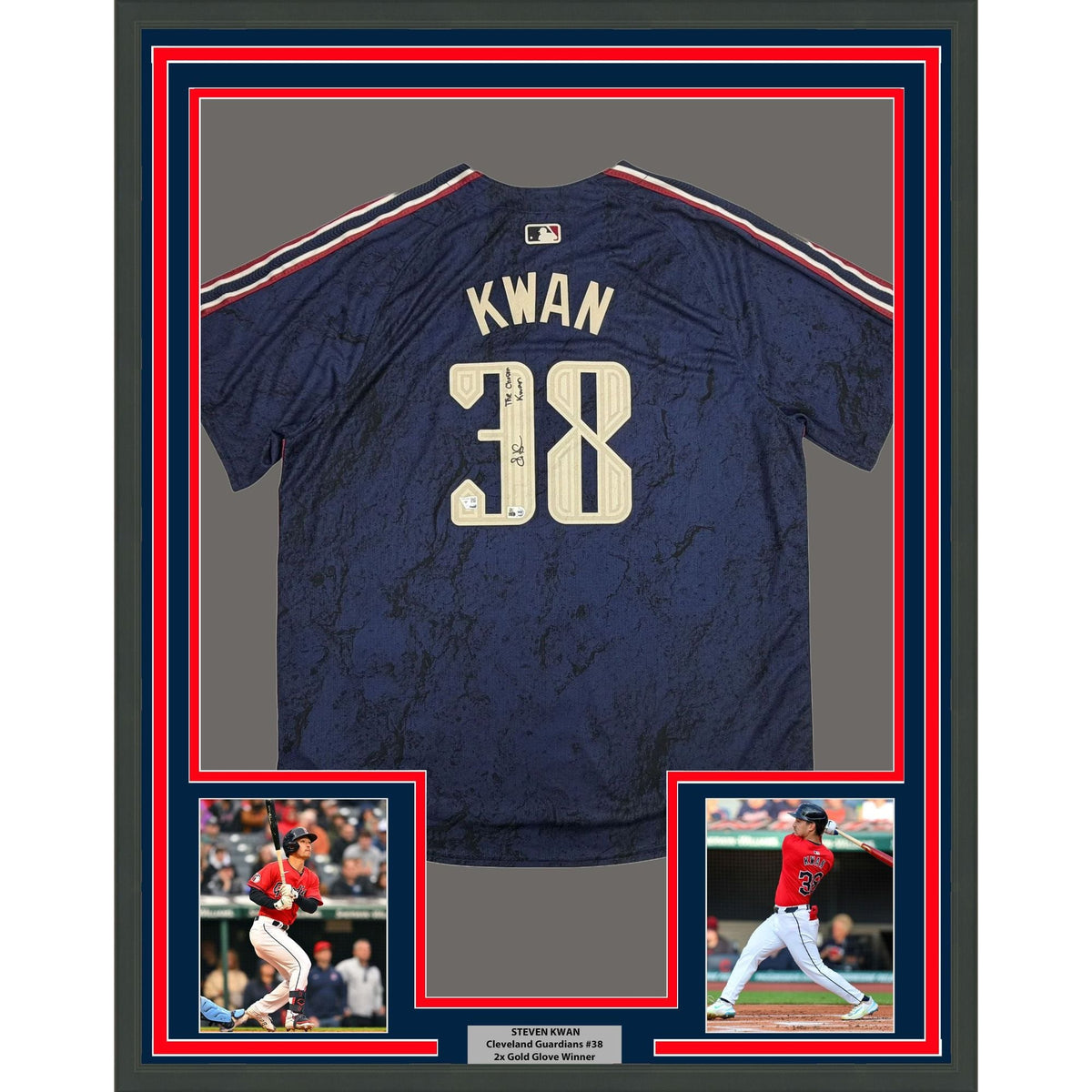 Framed Autographed/Signed Steven Kwan 35x39 Cleveland Guardians Blue City Connect Authentic Baseball Jersey Fanatics & MLB COA