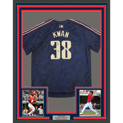 Framed Autographed/Signed Steven Kwan 35x39 Cleveland Guardians Blue City Connect Authentic Baseball Jersey Fanatics & MLB COA